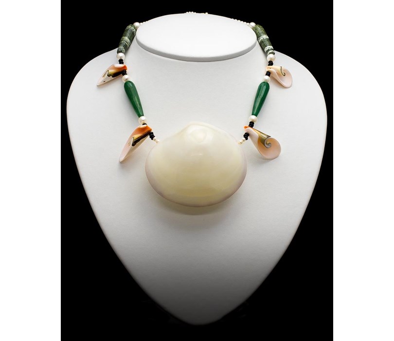 Handcrafted Necklace. Pearls, Peridote(Olivine), Onyx and Natural Seashells.  Clasp Gold K18